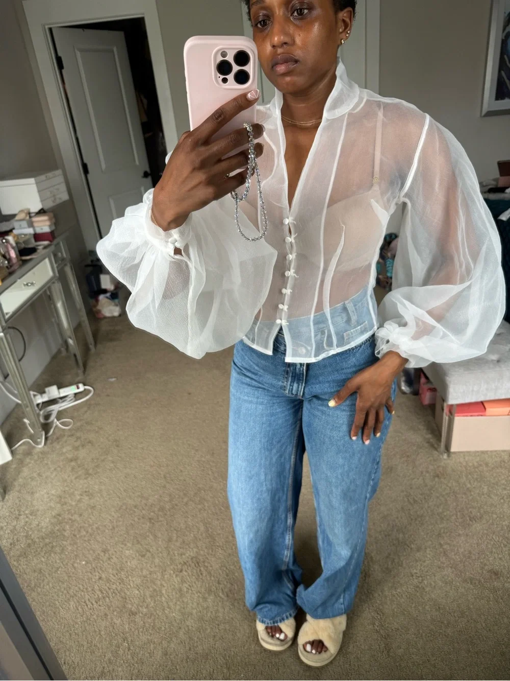 Balloon sleeve white sheer blouse - Picture 3 of 8